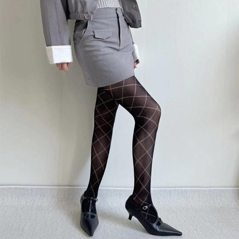 Women Girls Japanese Style Hollowed Out Mesh Tights Stockings Elegant Plaids Jacquard Pattern Fishnet Pantyhose Hosiery