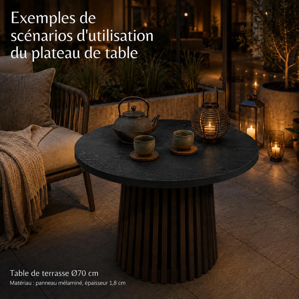 Set of 2 Round Tabletops diameter 70 cm + diameter 50 cm, Black Wood Grain, 18 mm Melamine-Coated Panels with M6 Threaded Inserts – Tabletops Only