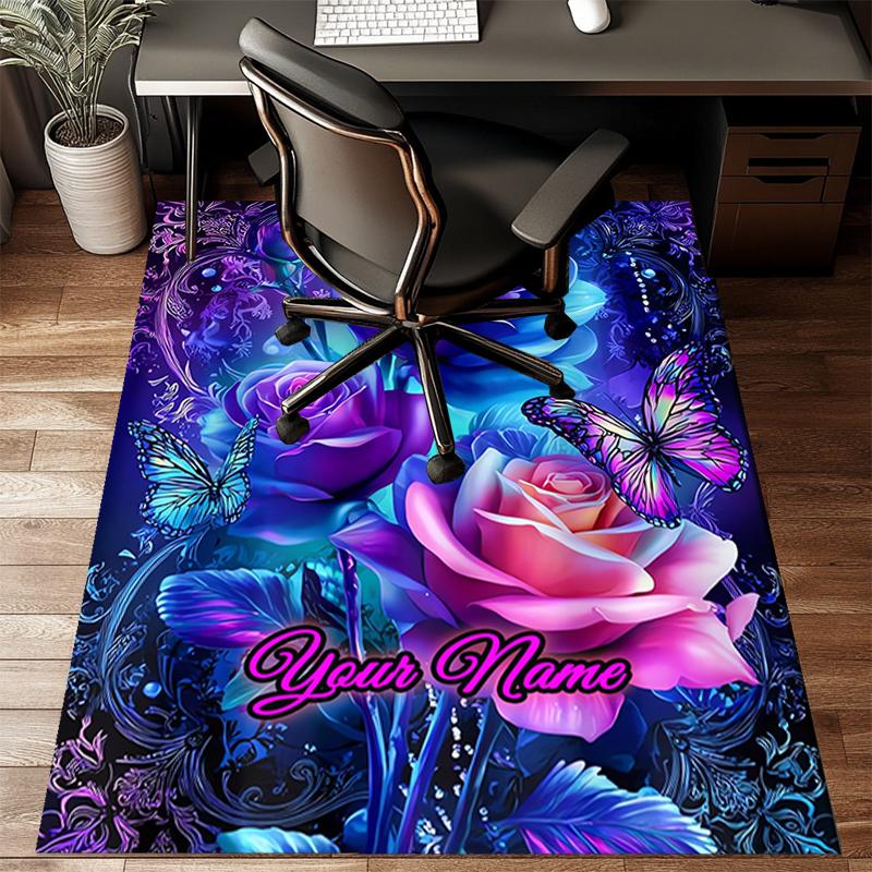 1PC Custom Name Floral Butterfly Art" Theme Floor Mat Ideal for Living Room, Game Rooms, Office, Bedroom,Floor Mat Playful Design