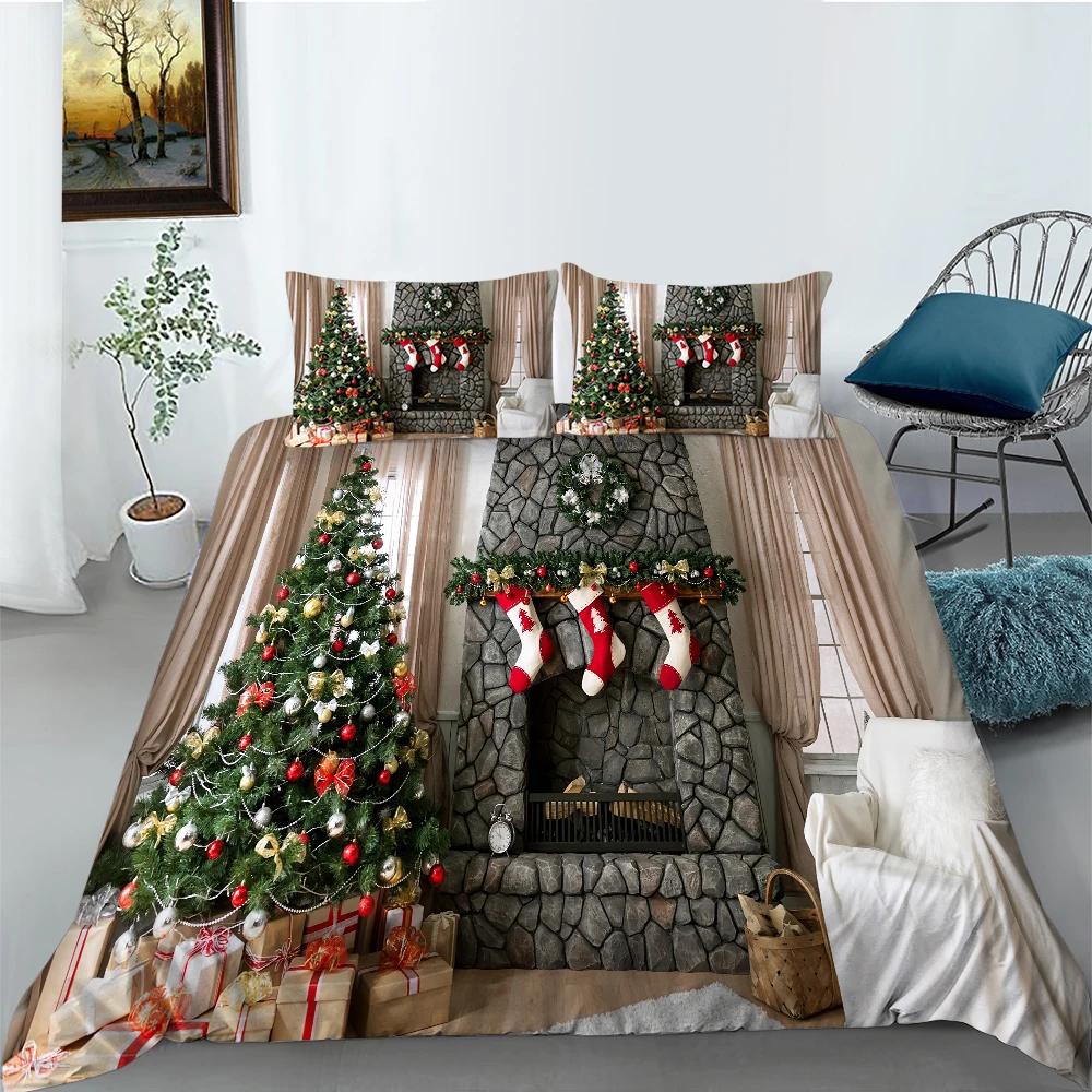 Christmas Stockings Duvet Cover Print Fireplace Polyester For Kids Boy Girl Christmas Present Christmas Element Theme Room Decor