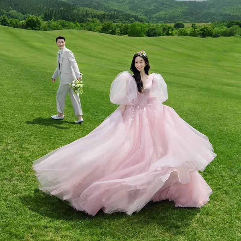 Temperament pink wedding dress 2025 new clothing long light wedding dress