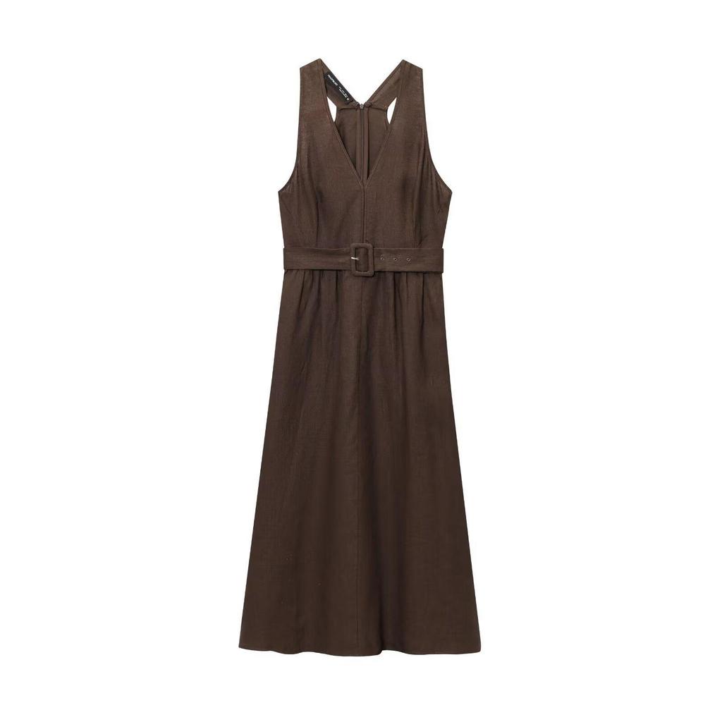 2025 Summer Women's V-Neck Belted A-Line Dress with Wide Shoulder Straps - European and American Fashion