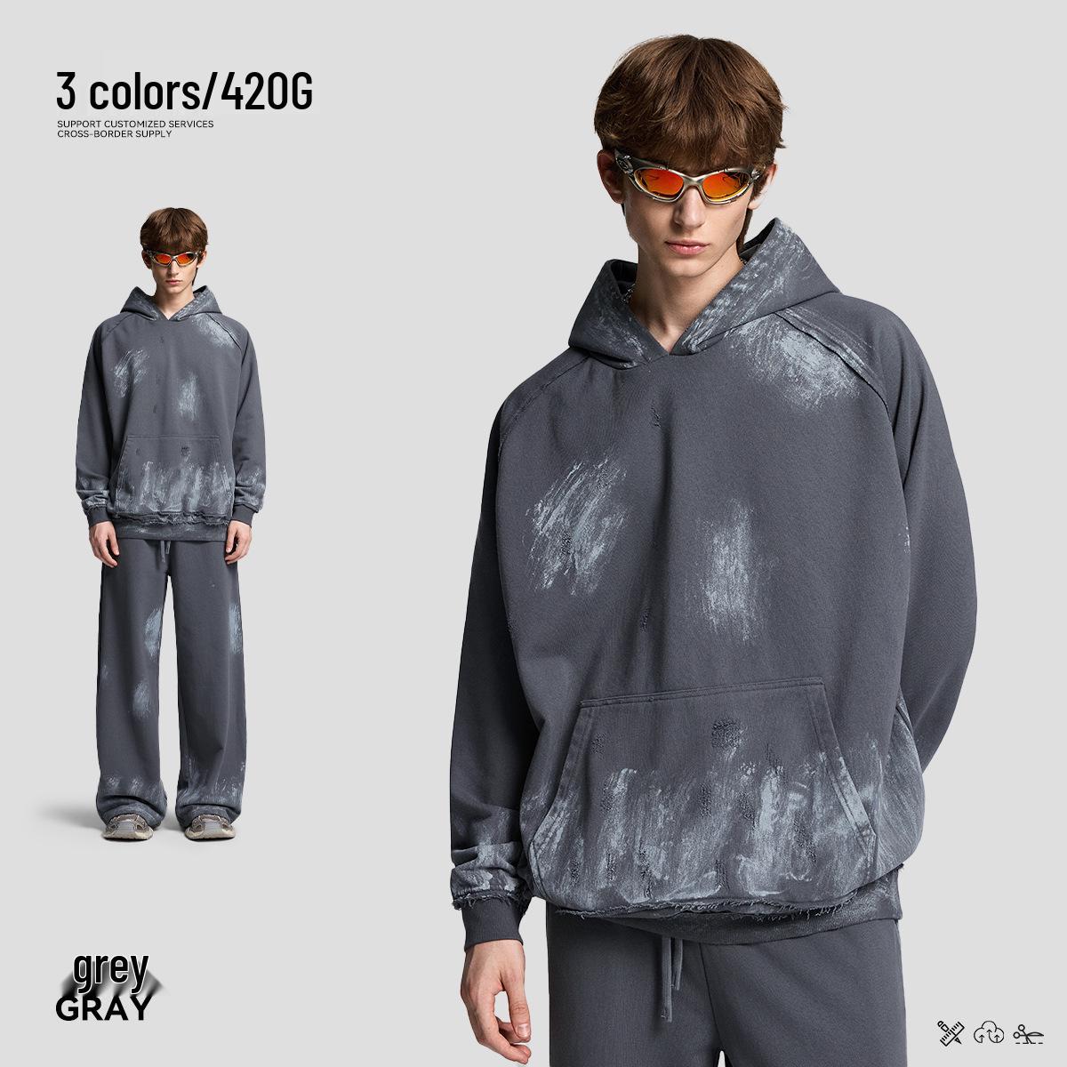 420G Heavyweight Men s Distressed Splatter Hoodie - Old School American Style, Trendy High-End Feel, Unisex. XL