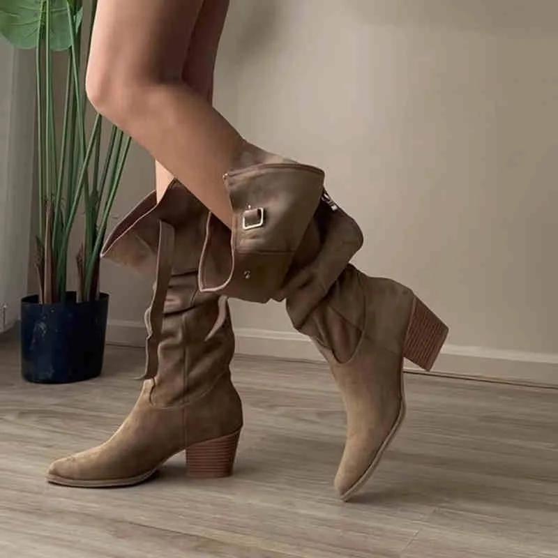 

Женские сапоги до колена в ковбойском стиле, модные туфли с острым носком, осень-зима, на толстом каблуке, женские, лаконичные, длинные, рыцарские, Botas De Mujer 35