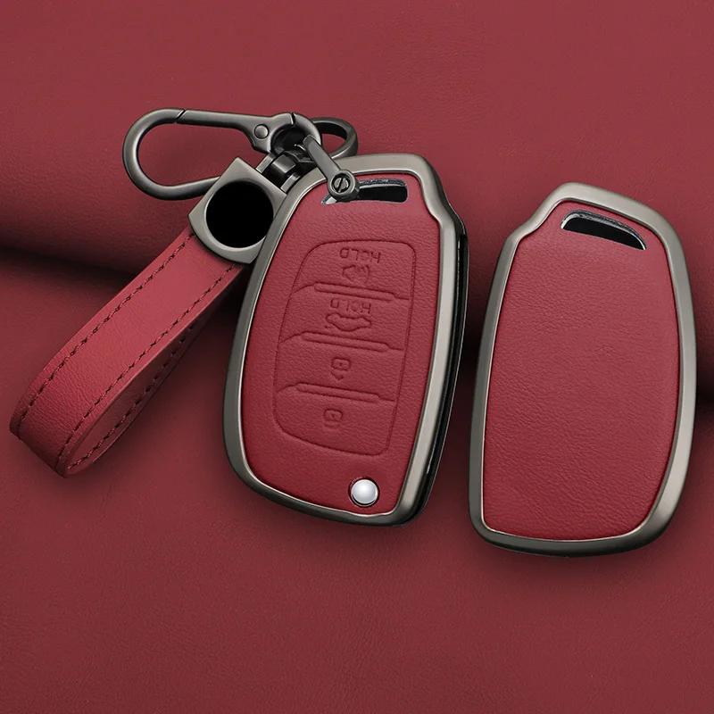 Zinc Alloy+Pu Leather Car Key Case For Hyundai Sonata Santa Fe Tucson Elantra Ix35 Ix45 Flip Remote Key Full Cover Holder Shell