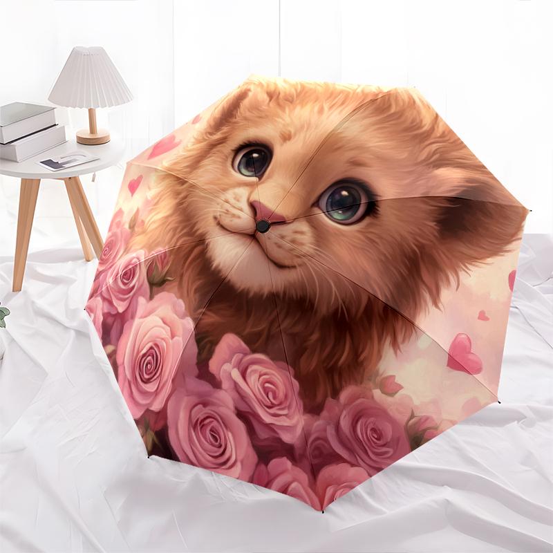 Lion and Rose pattern, automatic folding umbrella, portable and foldable design, 8 ribs, a Christmas or birthday gift.