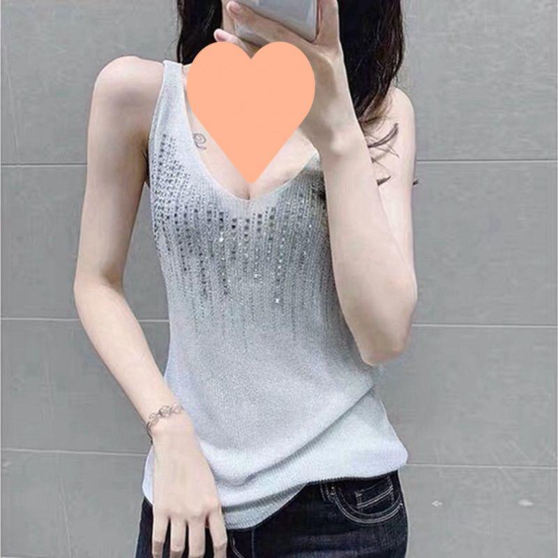 Women's Summer 2025 Rhinestone Knit Tank Top - Sleeveless Ice Silk Camisole