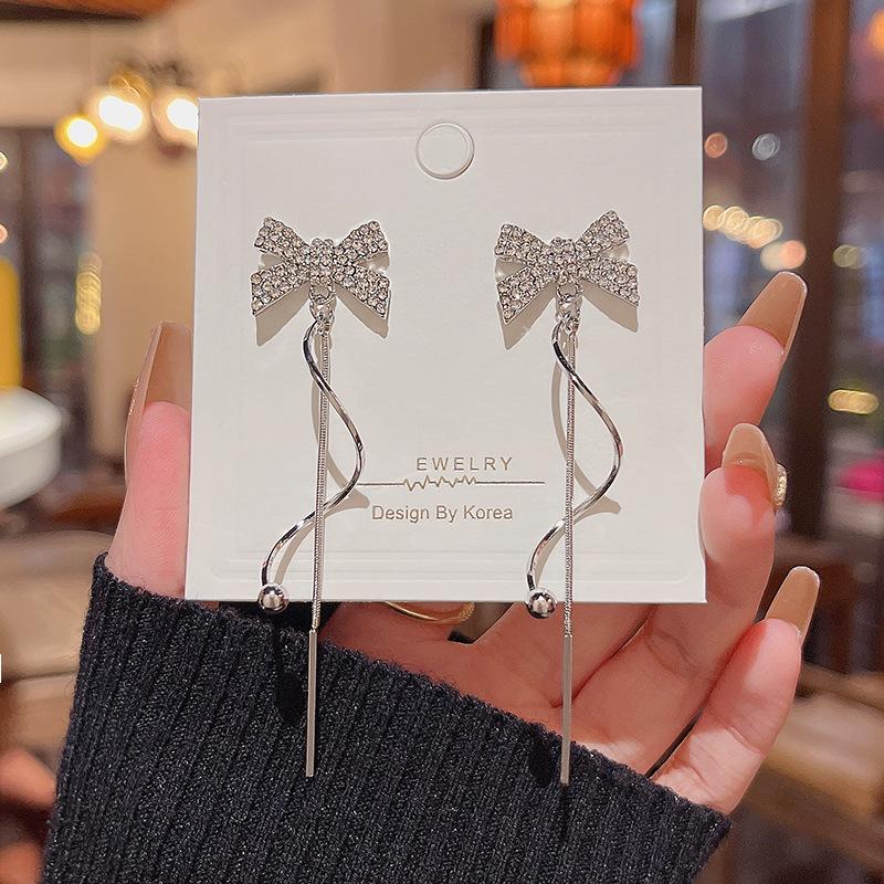 Long Fringed Zircon Earrings Light Luxury Niche Versatile Temperament Bow Stud Earrings