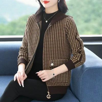 Women's Spring/Fall Short-Length Casual Hooded Knit Cardigan Elegant Open-Front Cardigan for Mom