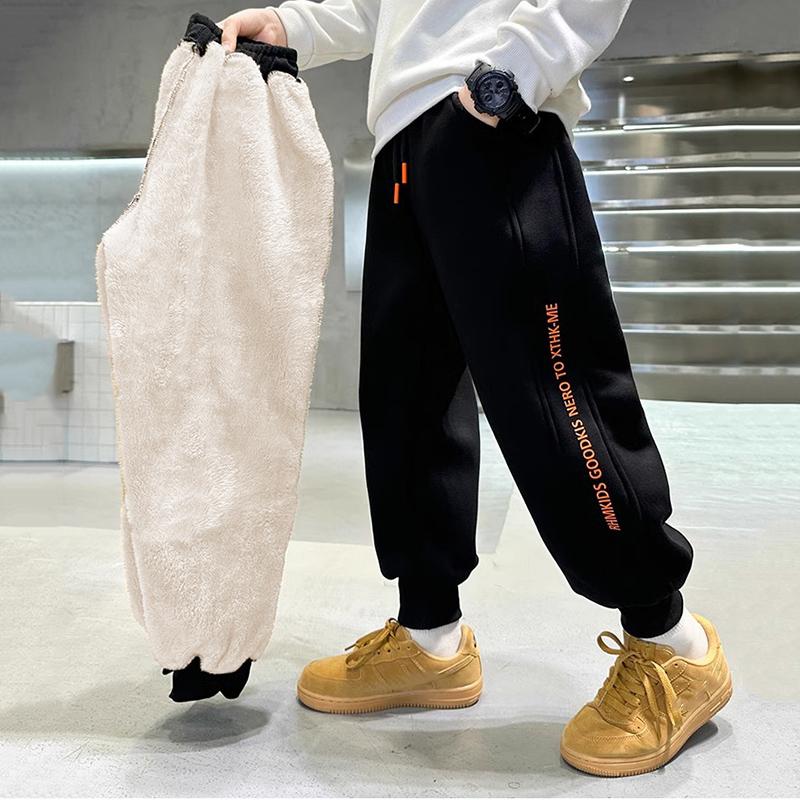 

Плотные штаны из овечьей шерсти для мальчиков, детские зимние брюки из плюша и хлопка, теплая одежда для зимней погоды для подростков, спортивные штаны для детей 5-14 лет 120 чёрный