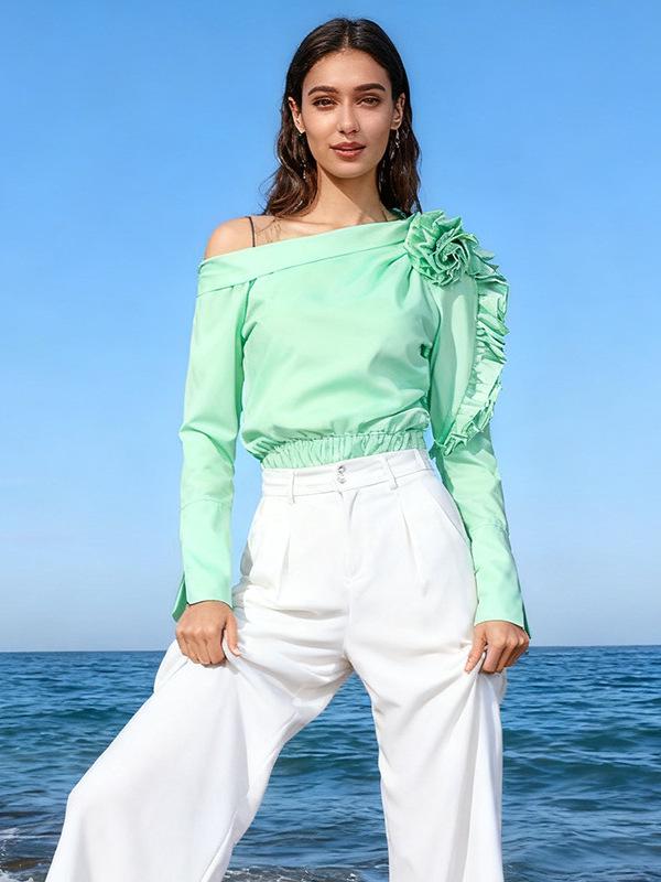 Elegant French Waist-Cinched Floral One-Shoulder Long-Sleeve Top for Spring 2026