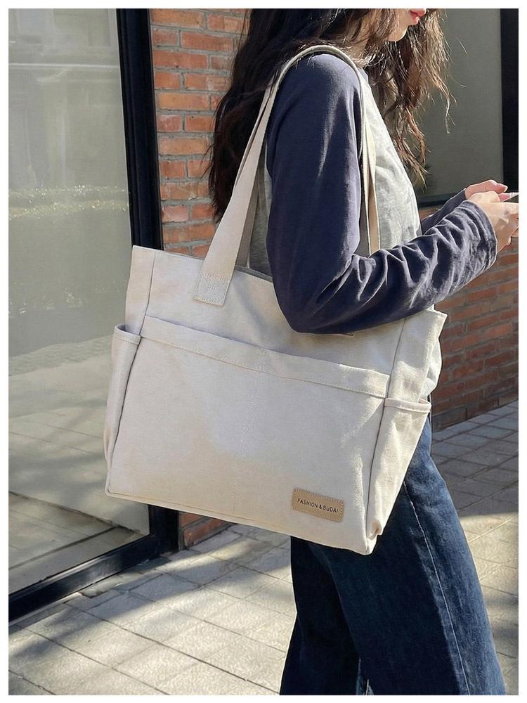 Retro Multi-Pocket Canvas Tote - Large Capacity Korean Style Shoulder Bag for Women
