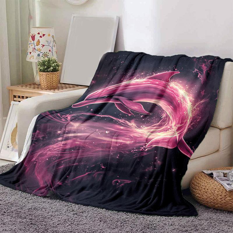 1pc Pink Dolphin Printing Lightweight Flannel Blanket, Comfortable and Warm Blanket, for Camping Sofa Bed and Couch Office, in All Seasons