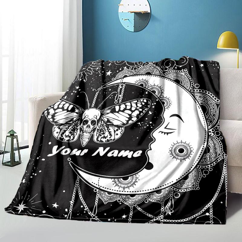 1PC Custom Name Moonlit Butterfly Dreams flannel blanket versatile, all-season throw suitable for the living room, bedroom, camping, travel, and gift