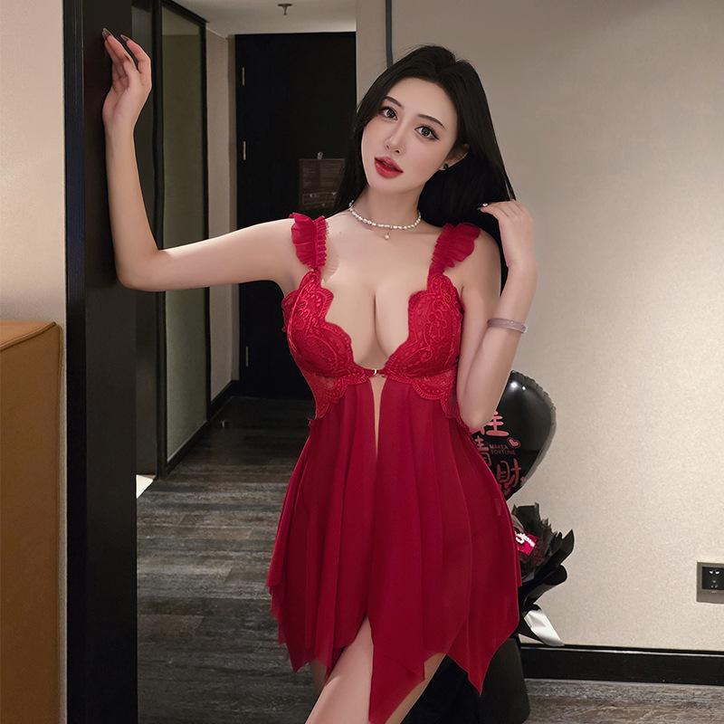 Sexy pure desire mesh nightdress chest pad erotic underwear women's perspective lace seduction pajamas