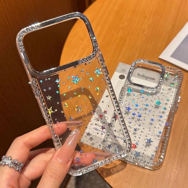 Luxury Diamond Camera Shiny Glitter Phone Case for IPhone 17 16 15 14 13 12 11 Pro Max Transparent Sparkling Stars Sequin Cover