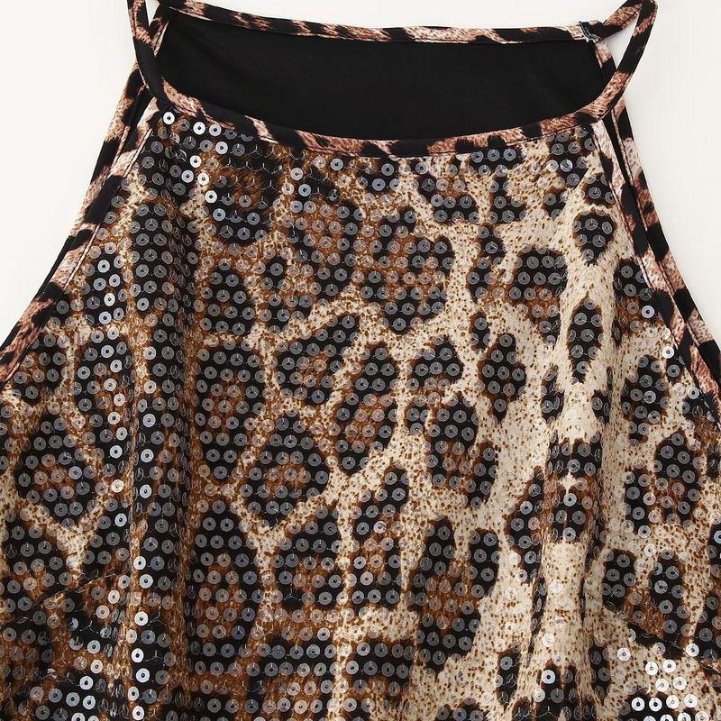 Kaslead New Arrival Women's Fashion Style Stylish Simple and Versatile Leopard Print Sequin Sling Vest
