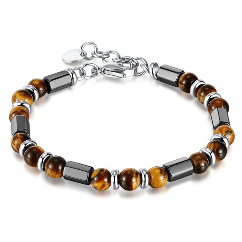 Stainless Steel Adjustable Chain Link Wristband Tiger Eye Bead Bracelet for Men Women Gift 21cm