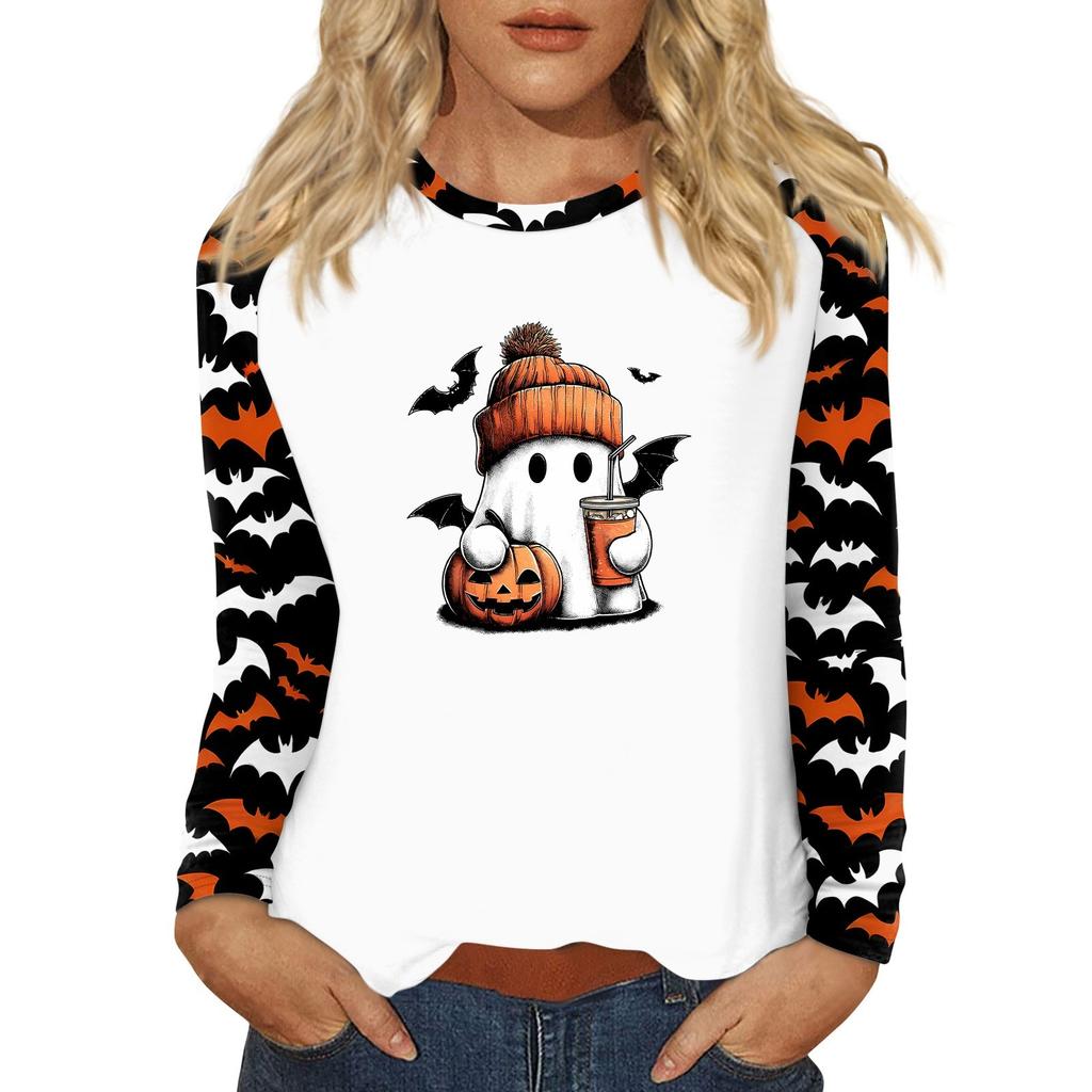 Damen T-Shirt Halloween-Print Langarm Täglich Mode Basic Rundhals Raglanärmel Oberteil