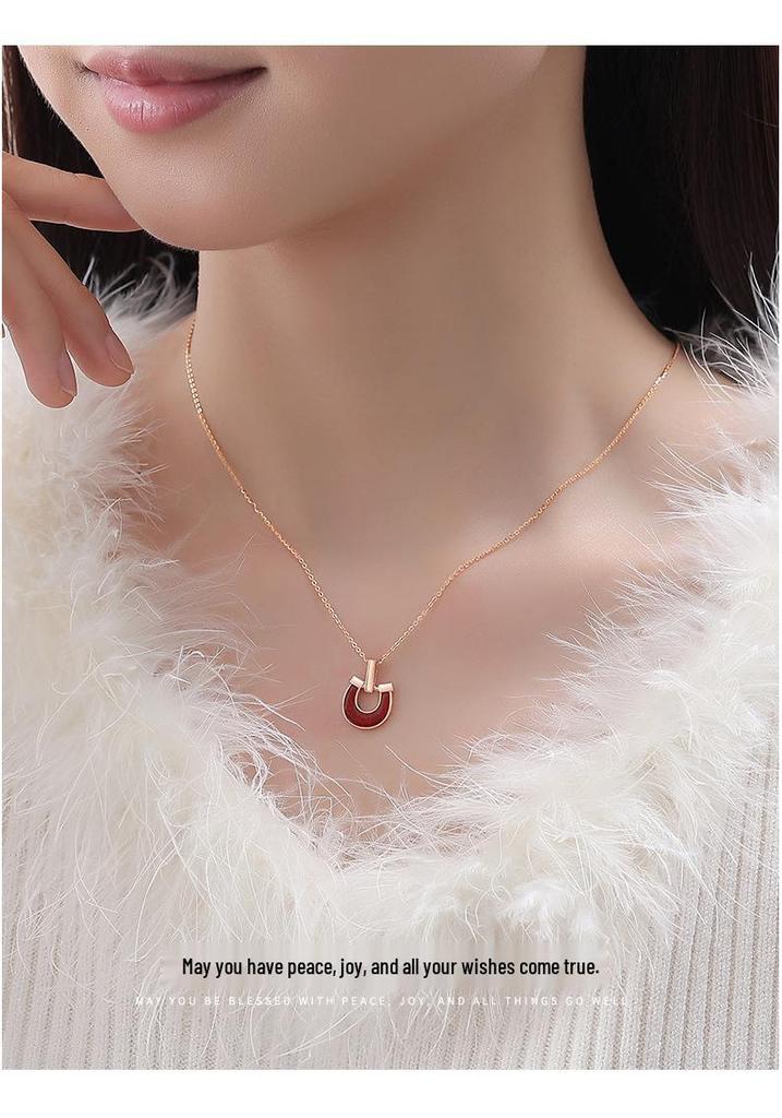 Tichya Red Agate Horseshoe Buckle Necklace, Women's S925 Sterling Silver, Chinese Style Niche Coin Collarbone Chain