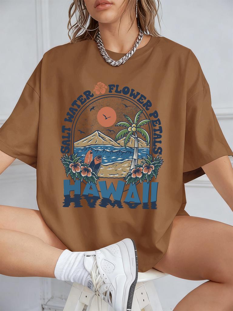 Salt Water Flower Hawaii Prints TShirts Women Summer Cotton Short Sleeve Tops Loose ONeck Comfortable T Shirt Casual Clothes