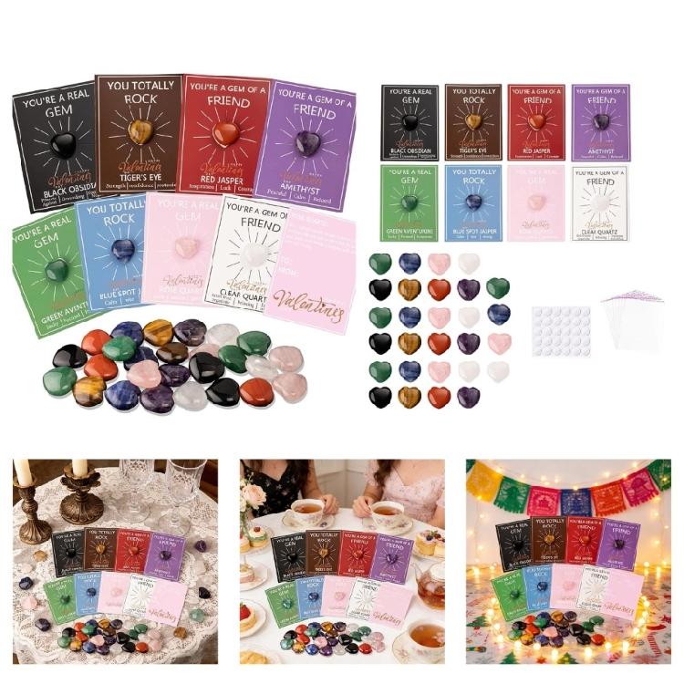 24/48Pcs Pocket Affection Cards with Heart Shape Natural Stone For Wedding Bridal Showers Valentines Gift Giving