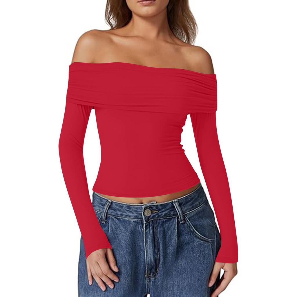 Women's Fashion Sexy One Shoulder Desire Long Sleeve Milk Silk Bottoming Shirt