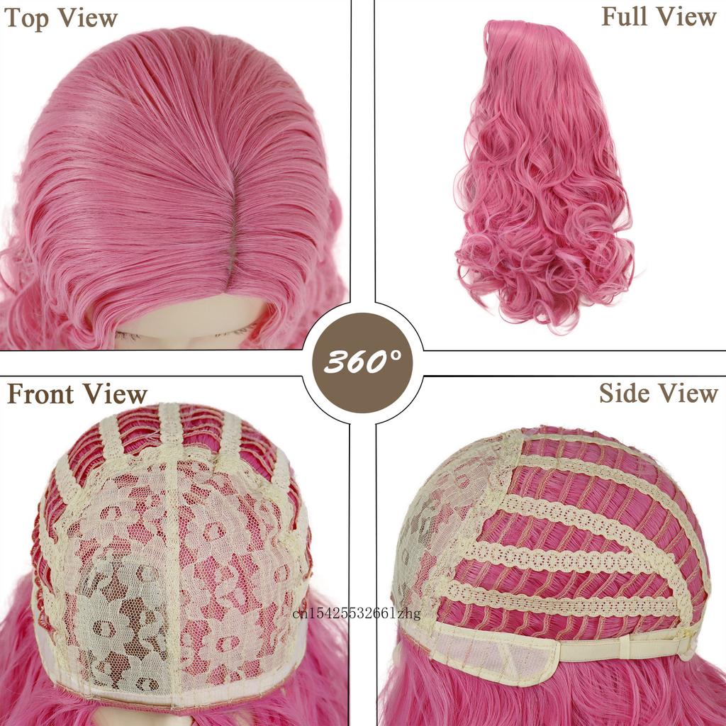 Pink Wigs for Women Synthetic Hair Long Curly Wig with Side Bangs Anime Cosplay Party Halloween Red Costume From Heat Resistant