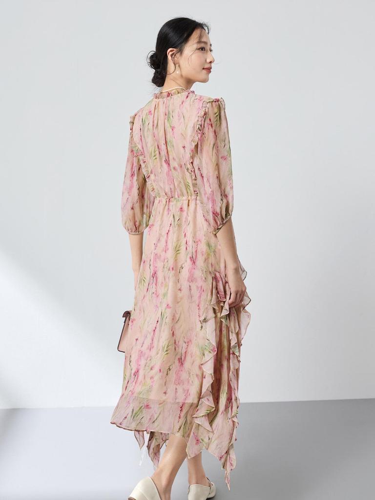 Ethereal Floral Print Dress in 100% Mulberry Silk with Ruffles - Spring Tea Break Collection