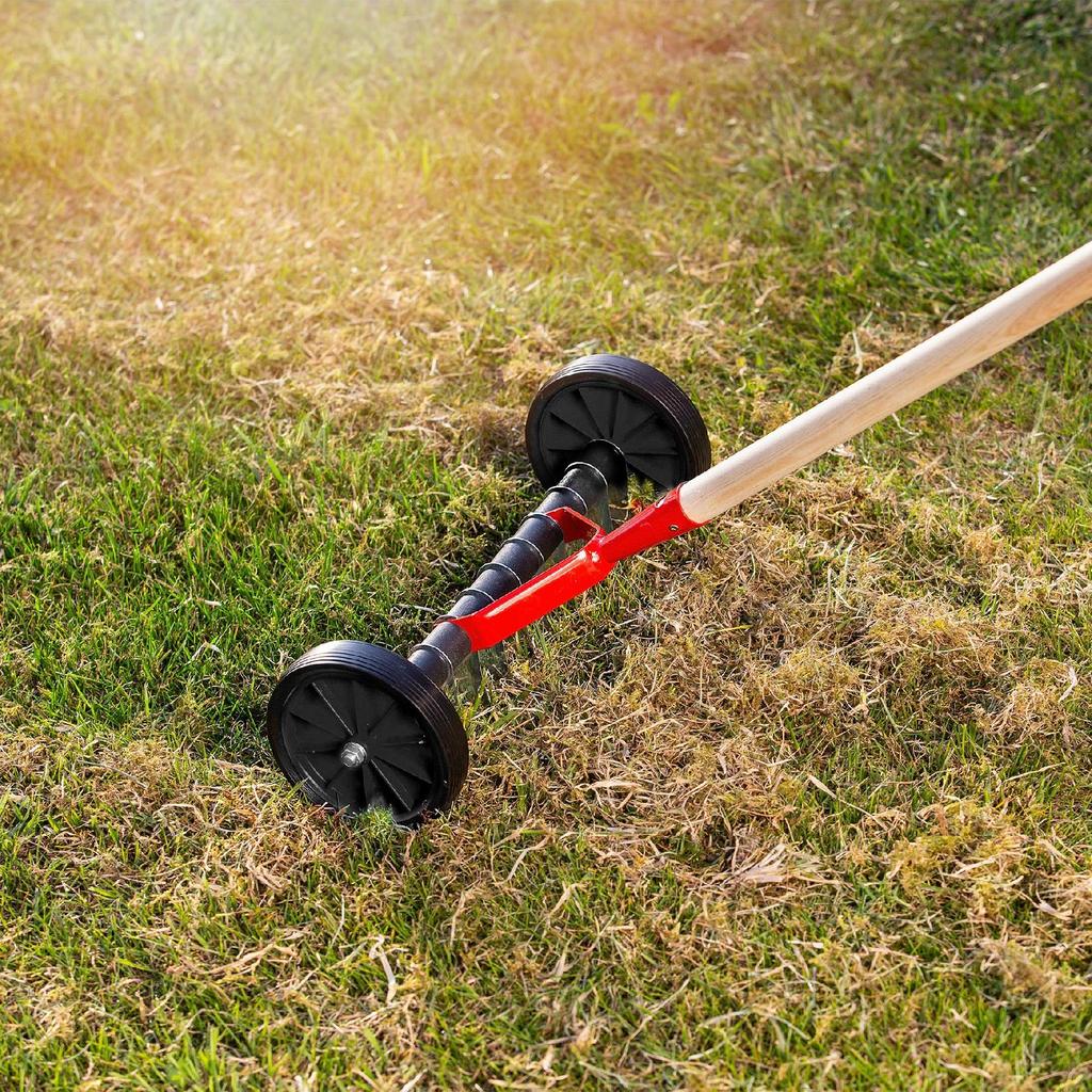 KADAX Scarificator manual pentru aerator de gazon, metalic cu două fețe, pe roți, cu țepi