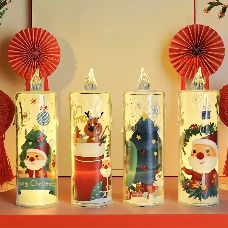 4PCS Electronic Candle Christmas Decoration Transparent With Printed LED Simulation Flameless Candle Ambient Lighting Xmas Gift
