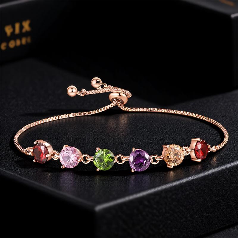 Multicolor Crystal Round Stone Rainbow Zircon Bracelets for Women Vintage Rose Gold Color Chains Bracelet Wedding Jewelry Gifts