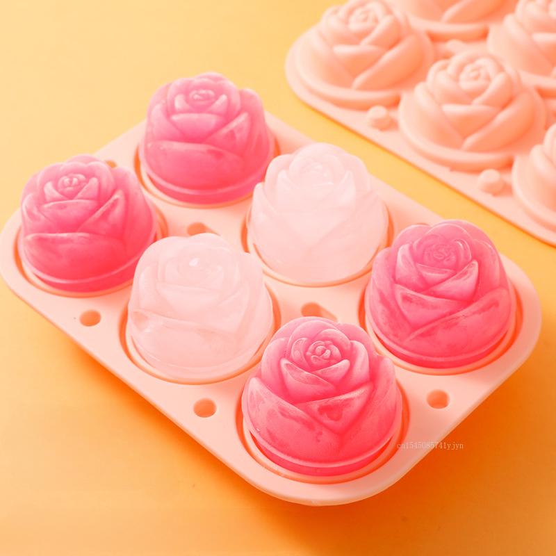6-grids Elegant Rose Shaped Ice Cube Mold Reusable Silicone IceTray Flower Ice Ball Mold DIY Whiskey Mold for Summer Drinks 1pcs