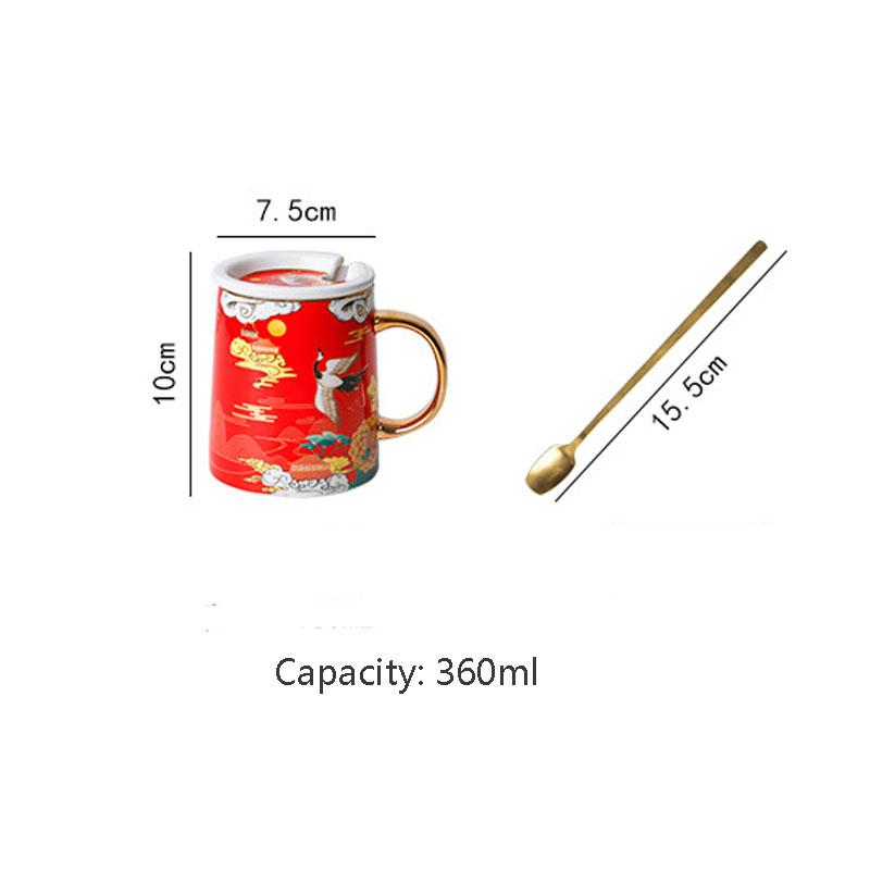 Creative National Tide Style Festive Mug With Spoon And Lid  Personality Ceramic Cup Chinese Style Couple Coffee Water Cup