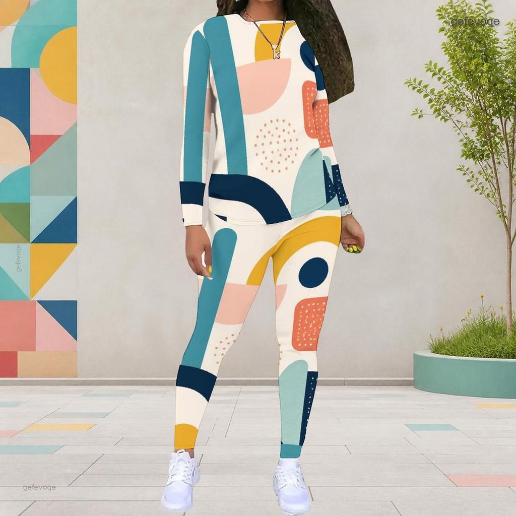 Women Plus Size Round Neck Long Sleeve Printed Two Piece Set Gray Black White Fitted Top And Pants