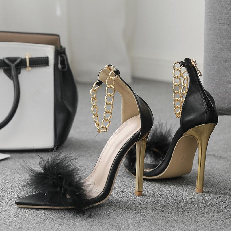 Schwarz Weiß Damen Sandalen Sexy Offene Spitze Pelzigen Pelz Sommer Hochhackige Sandalen Damen Hochzeit Stripper Schuhe Pumps Größe 35 -42