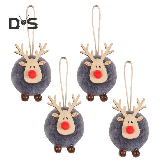4 Pcs Christmas Elk Ornaments Felt Reindeer Plush Hanging Decorations with Wooden Head Fluffy Deer Pendants for Christmas Party Home Decor