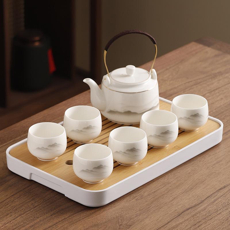 Jade Porcelain Tea Set Chinese Kung Fu Tea Pot Ceramic Tea Cup White Porcelain Set Household Large Capacity Handle Pot