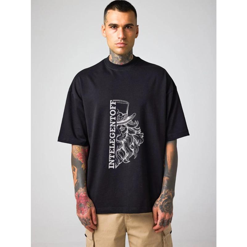 

Oversized White T-Shirt with Lion Head and Text Print for Casual Wear XXXXL чёрный