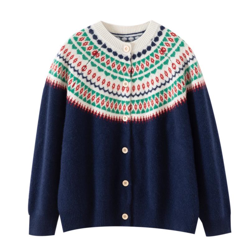 Ethnic Jacquard Round Neck Knit Cardigan - Women's Casual Sweater Top (2025)