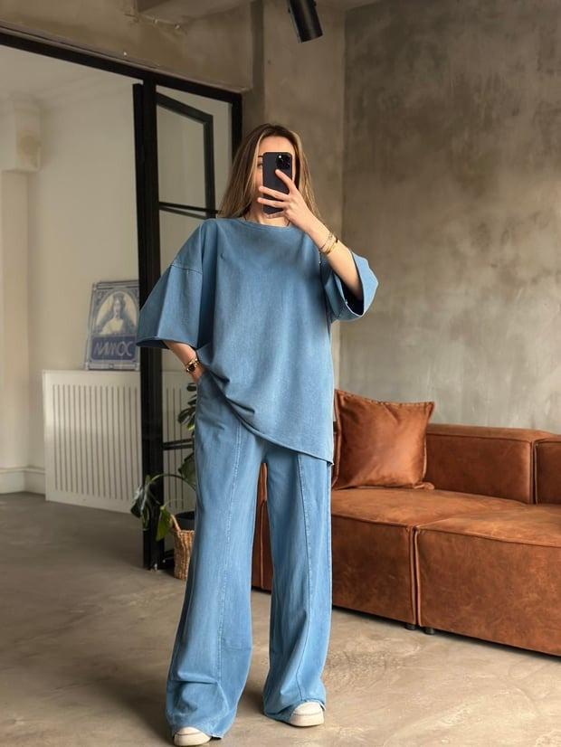 

2025 Женский повседневный комплект на шнуровке однотонный с круглым вырезом и длинными брюками M павлин голубой