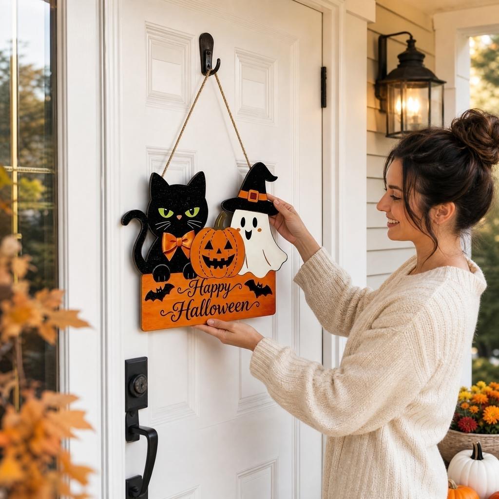 Halloween Pumpkin Wooden Door Hanger for Front Door Wall Decoration