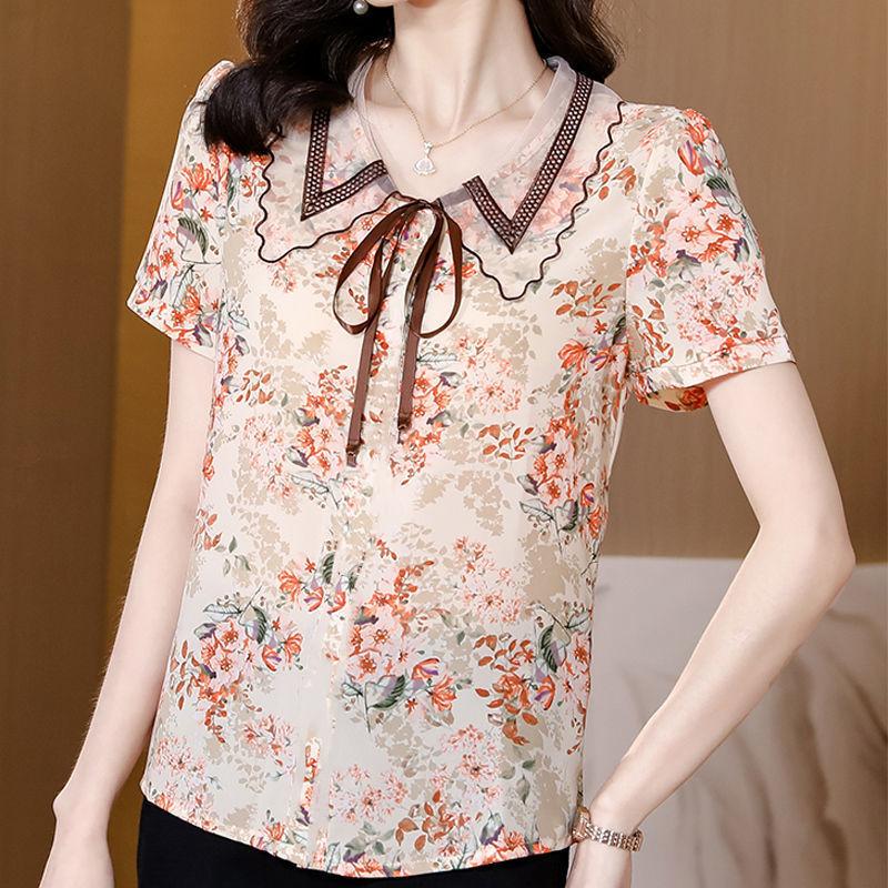 

Fashiona шифоновая рубашка на шнуровке с цветочным принтом, женские новые блузки с короткими рукавами, дизайн с разбросанными маленькими цветами, песочными растениями L хаки