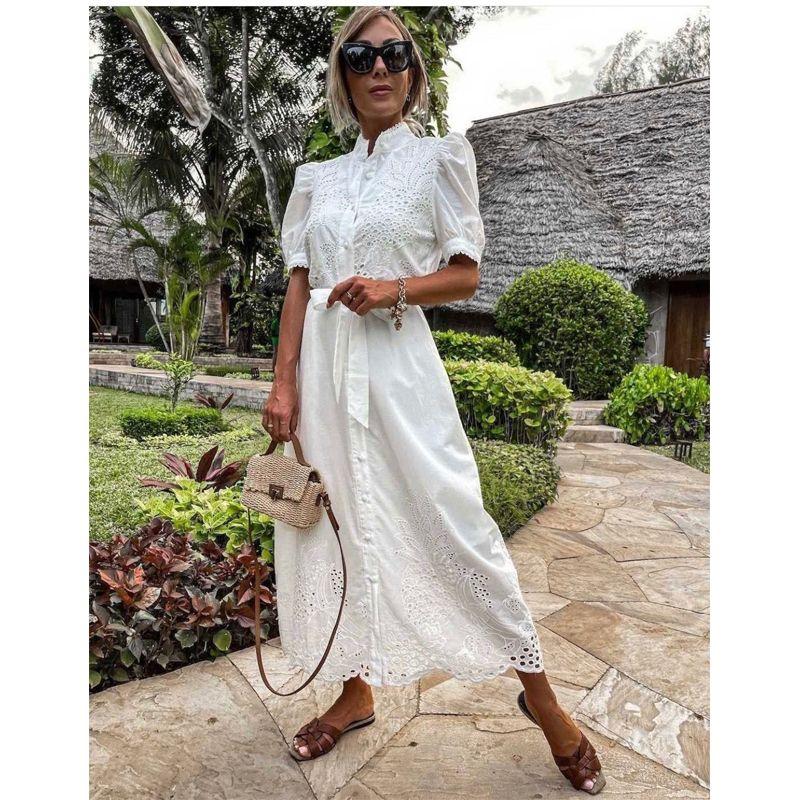 

European and American Women clothes Amazon Summer New Hollow Flower Button Short sleeve Belt Big Hemline Jumpsuit Midi dress Dresses White 2XL