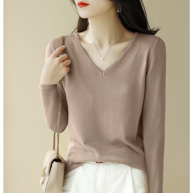 

Classy Green V Neck Idle Style Knitting Bottoming Shirt