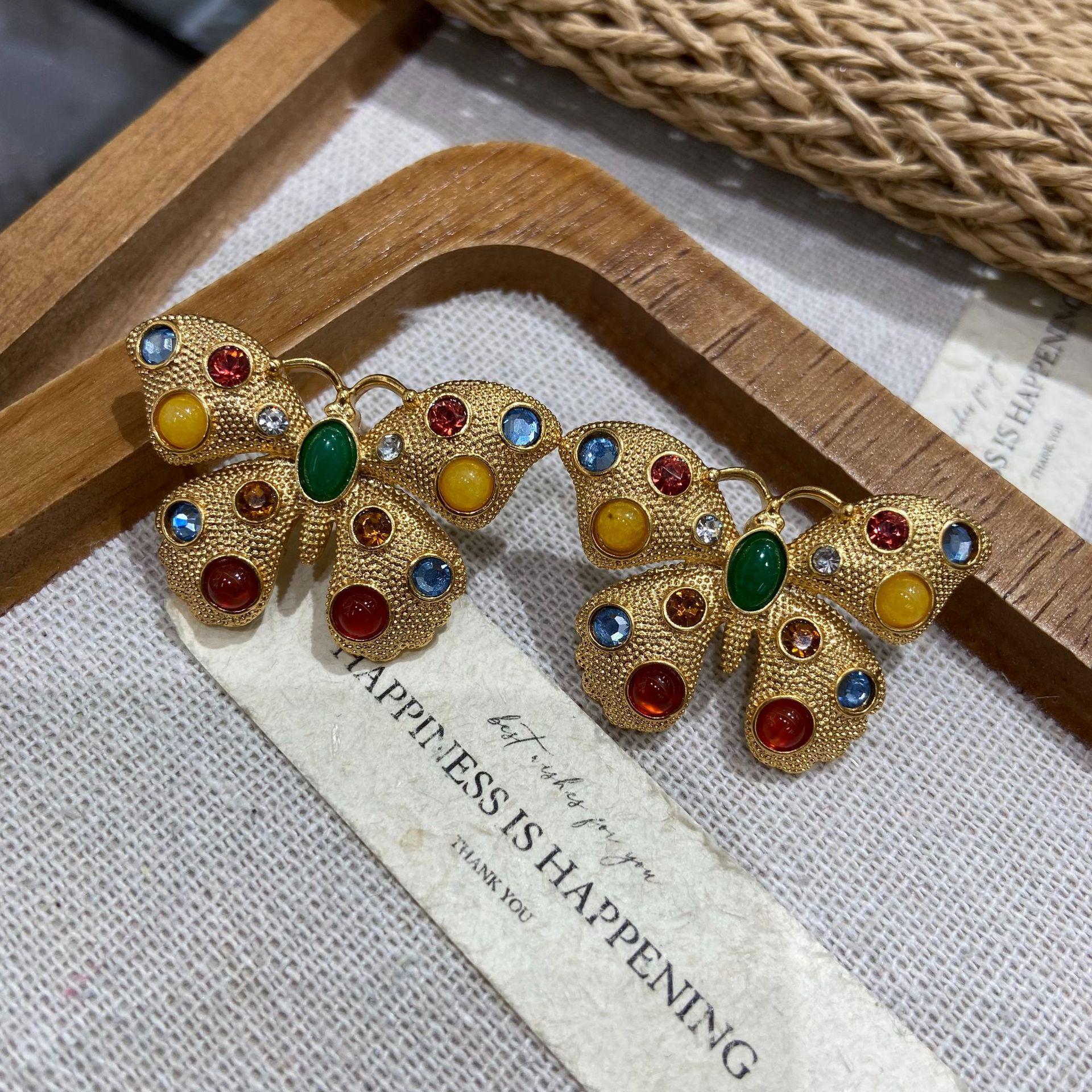 Medieval Diamond-Set Colored Glazed Butterfly Retro Court Earrings Heavy Industry Stud Earrings