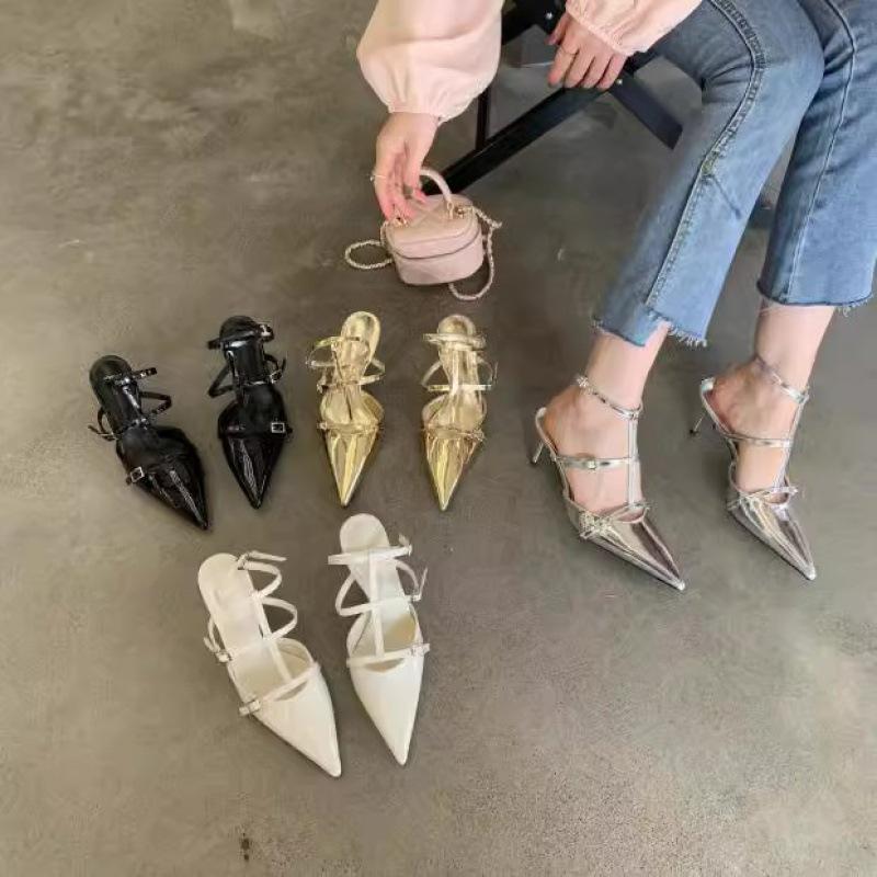 2025 Spring and Autumn New Fashion Minimalist Socialite Pointed Head Shallow Mouth Stiletto High Heels Women's Bag Head Empty Sandals