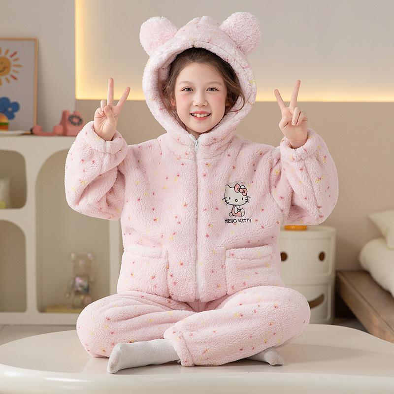 Kids Flannel Pajamas Set Boys Girls Warm Long Sleeve Top And Pants Sleepwear Winter Home Nightwear