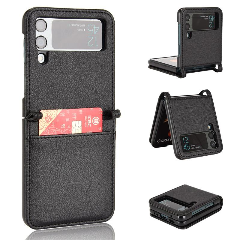 Applicable To Samsung Z Flip4 Folding Screen Mobile Phone Case Card Wallet ZFlip3 Mobile Phone Leather Case One-piece Lychee Pattern