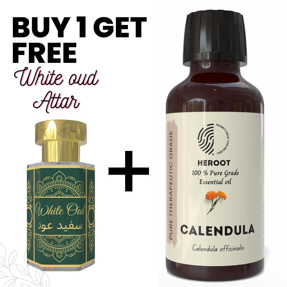 Calendula Essential Oil 10ml for Aromatherapy & Home Fragrance with Free 6 Ml Attar – Aqua AQ, Dubai Oud, Aura, White Oud